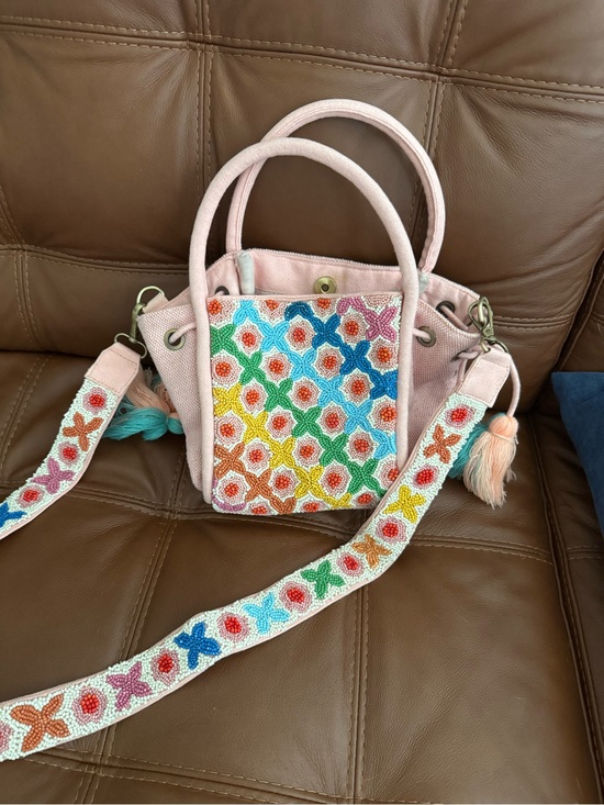 America & Beyond Handbags - America & Beyond Pink Beaded Floral Crossbody Tote - Multi-Color Embroidery